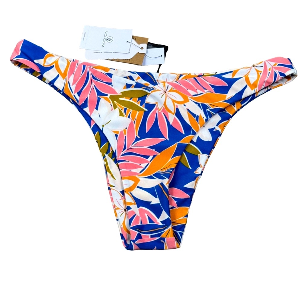 NWT Volcom Hot Tropics Blue Floral V Bikini Swimsuit Bottom Large Cheeky